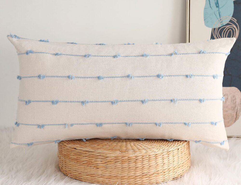 7288 Boho Long Lumbar Pillow Covers 16 x 26 Blue,Classic Stripe Pattern
